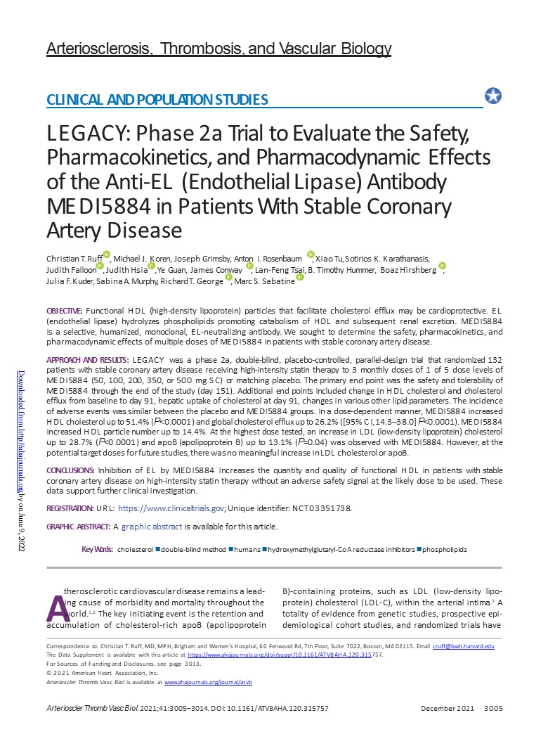LEGACY_ Phase 2a Trial to Evaluate the Safety, Pharmacokinetics, and Pharmacodynamic Effects of the Anti-EL (Endothelial Lipase) Antibody MEDI5884 in Patients With Stable Coronary Artery Disease