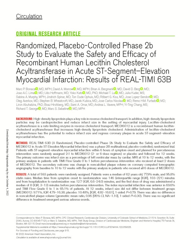 Randomized, Placebo-Controlled Phase 2b Study to Evaluate the Safety and Efficacy of Recombinant Human Lecithin Cholesterol Acyltransferase in Acute ST-Segment–Elevation Myocardial Infarction_ Results of REAL-TIMI 63B